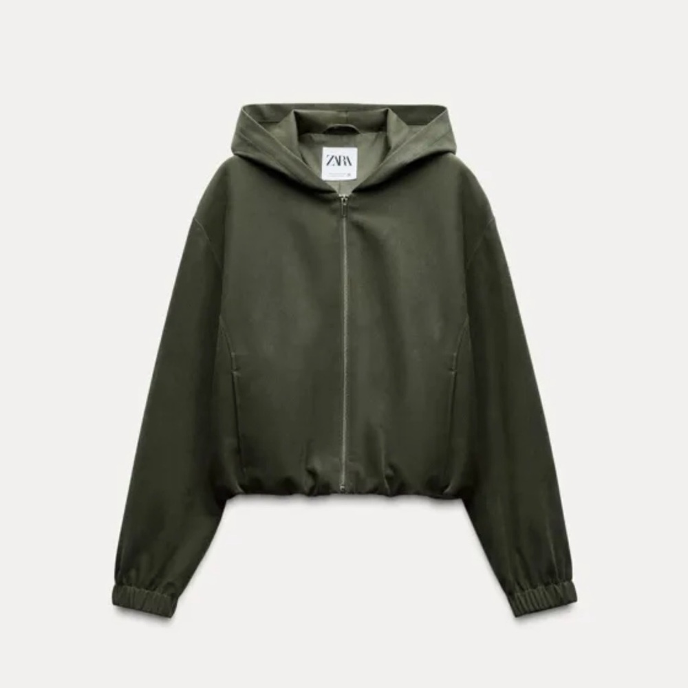 ZARA TEXTURE HOODIE BOMBER JACKET DARK KHAKI GREEN